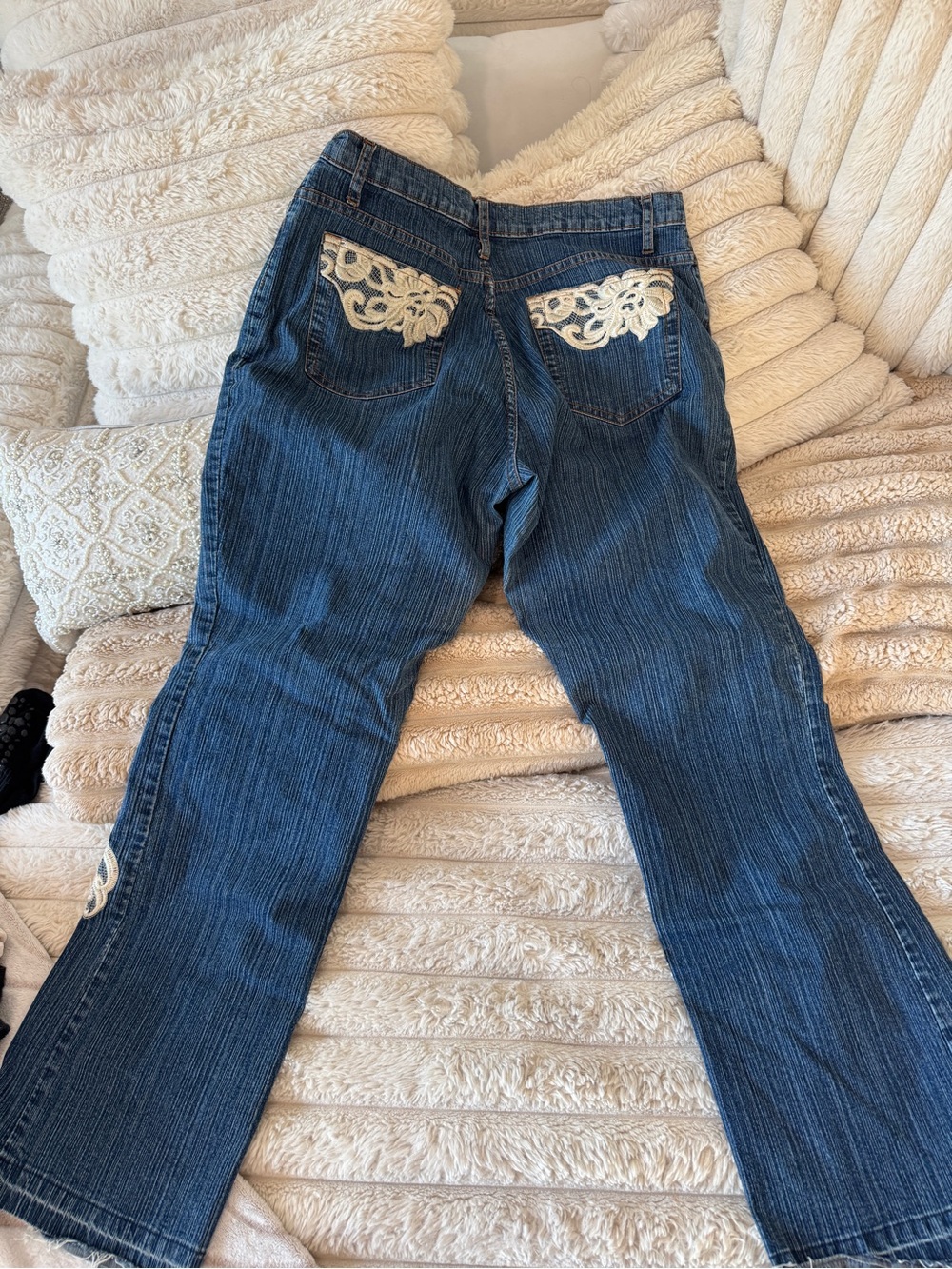 bill blass Dark Blue Flared Jeans with Cream Lace Pockets